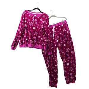 Jane & Bleecker Pajama Set Womens L Plush Holiday Snowflake Print Pink Violet